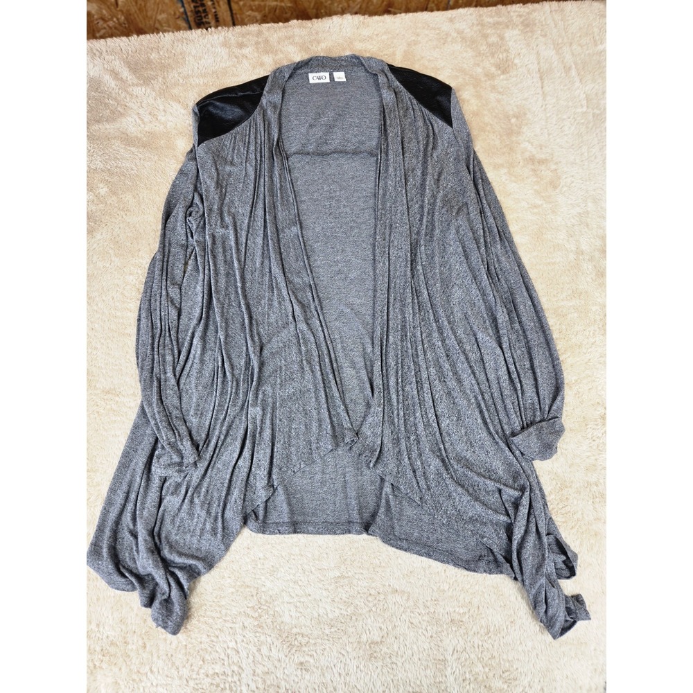 Cato Womens Gray Open Front Cardigan Black Faux‎ Leather Shoulder Patch Large